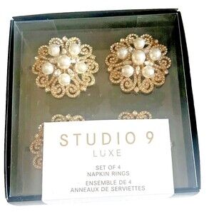 Studio 9 Luxury Round Napkin Rings Set of 4 Goldtone Rhinestones Pearls